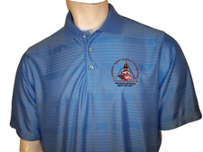 NEW Antigua Large Blue Striped Poly Golf Shirt Andrew Red Harris Foundation Logo