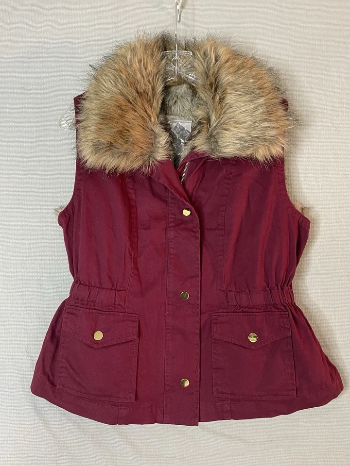 Colete Iman Feminino Tamanho S Pequeno Vinho Vermelho Algodão Colete com Forro Destacável de Pele Sintética - Imagem 2 de 4