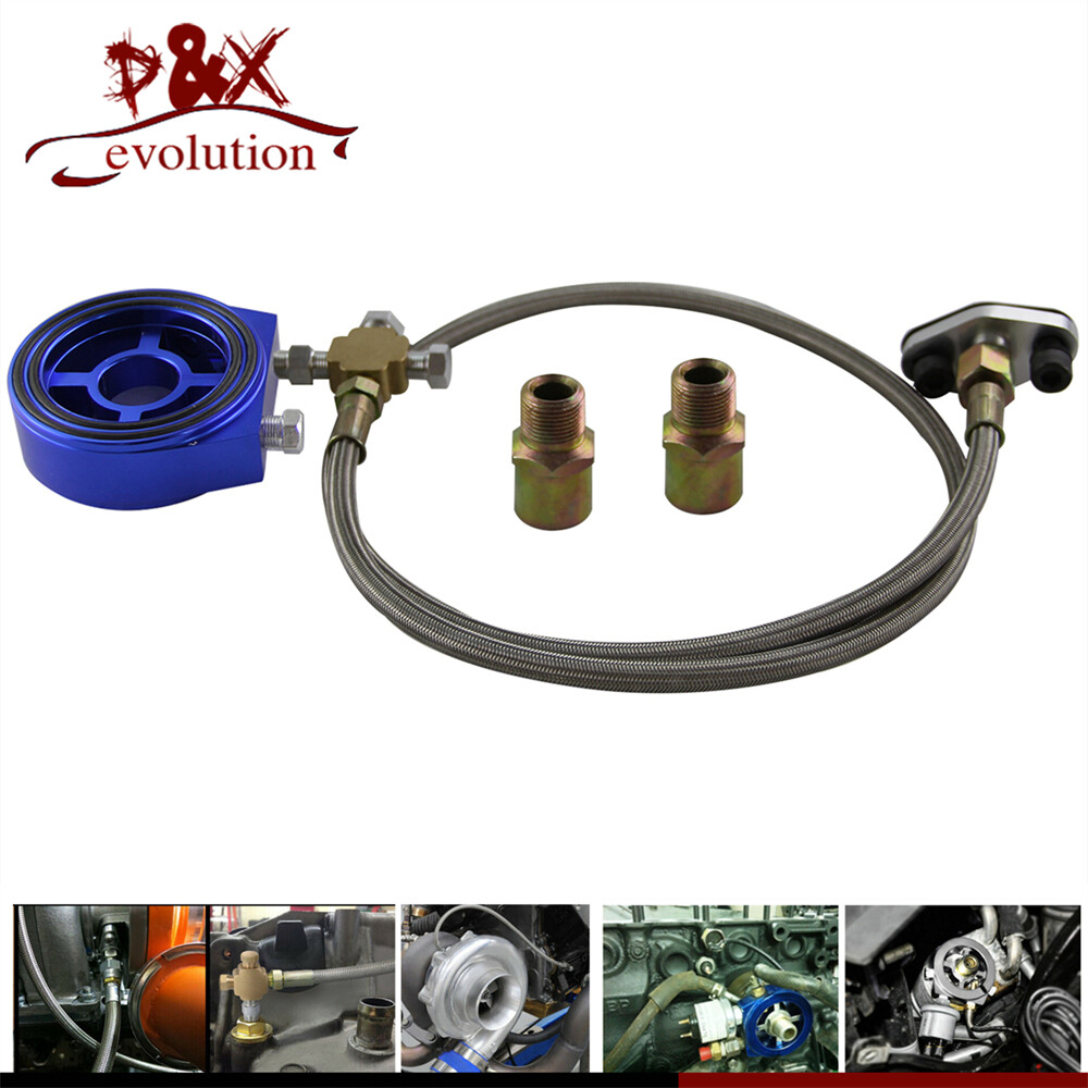 Blue Oil Filter Sandwich Adapter Plate Fitting+ Fuel Line Kit for
