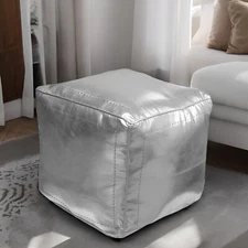 Stylish Handcrafted Silver Faux Leather Ottoman Pouf, Silver Footstool Pouf