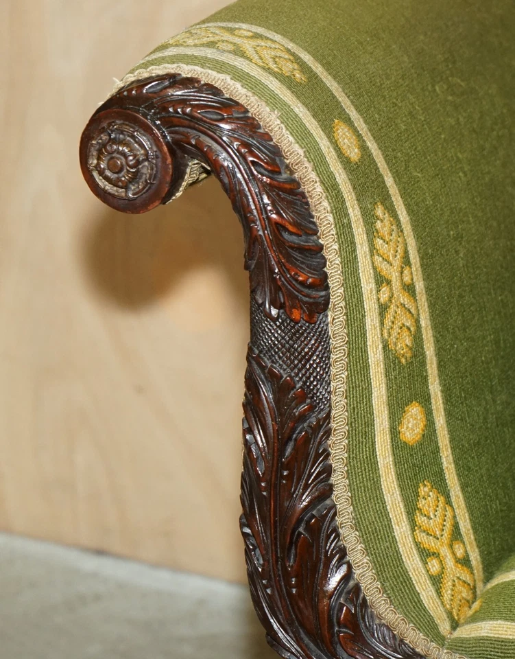 ANTIQUE REGENCY EMBROIDERED MAHOGANY HAND CARVED LION'S HAIRY PAW CHAISE LOUNGE - Image 4 of 4