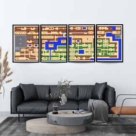 Zelda Map Poster Print 4 Piece Wall Art, Legend of Zelda Classic NES World Map