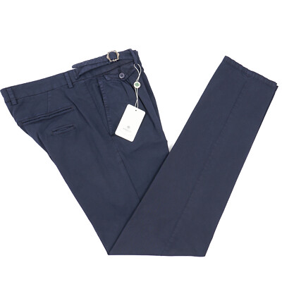 Luigi Borrelli Garment-Washed Navy Twill Cotton Pants with Buckled Tab 35 NWT