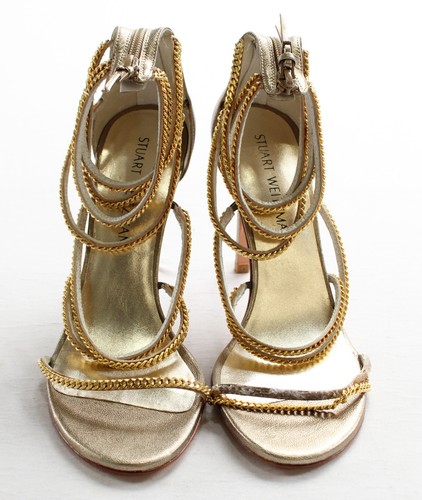 Stuart Weitzman Women's Chain Strap Stiletto Heels LB3 Gold US:8M EU:38.5 - Picture 5 of 12