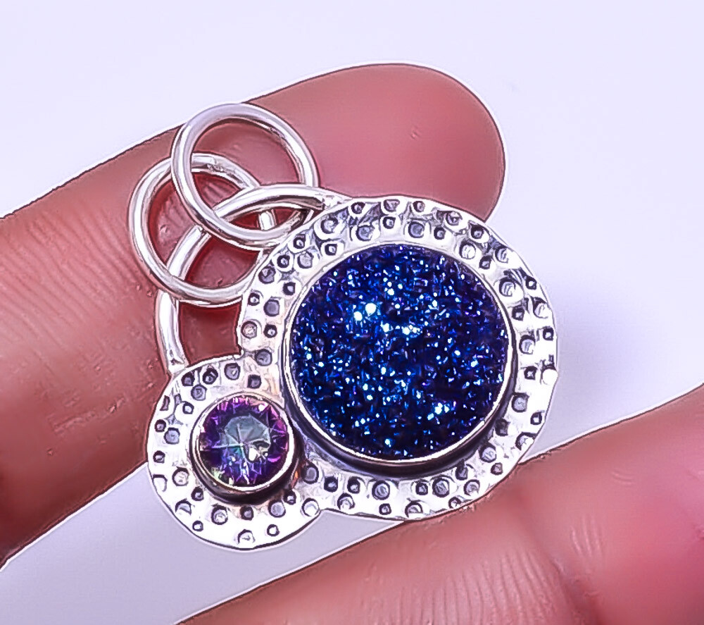 Titanium Blue Agate Drusy Sterling Silver Pendant 1.33 Inch A31