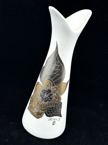 Vintage SASCHA BRASTOFF California POTTERY VASE Signed 082 MCM 1960s Gold FLORAL - Picture 2 of 10