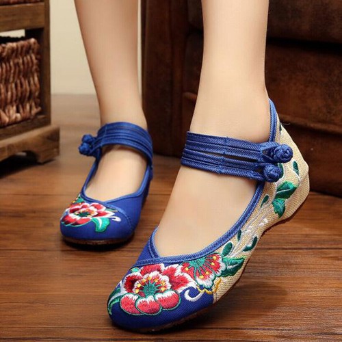 Mujeres Bordado Lona Ballets Planos Damas Tela China Mujeres Zapatos Retro - Imagen 1 de 15