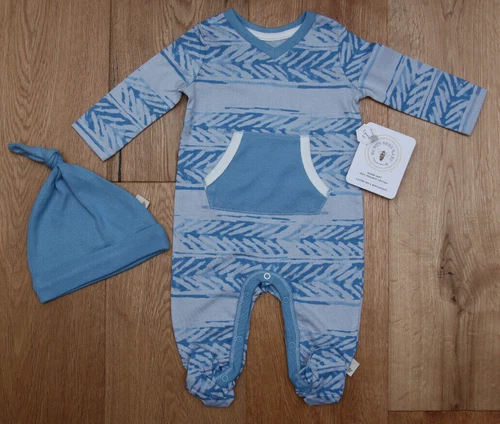 Burt's Bees Baby Boy Footed Coverall & Hat Set ~ Blue & Gray  ~ 0-3M
