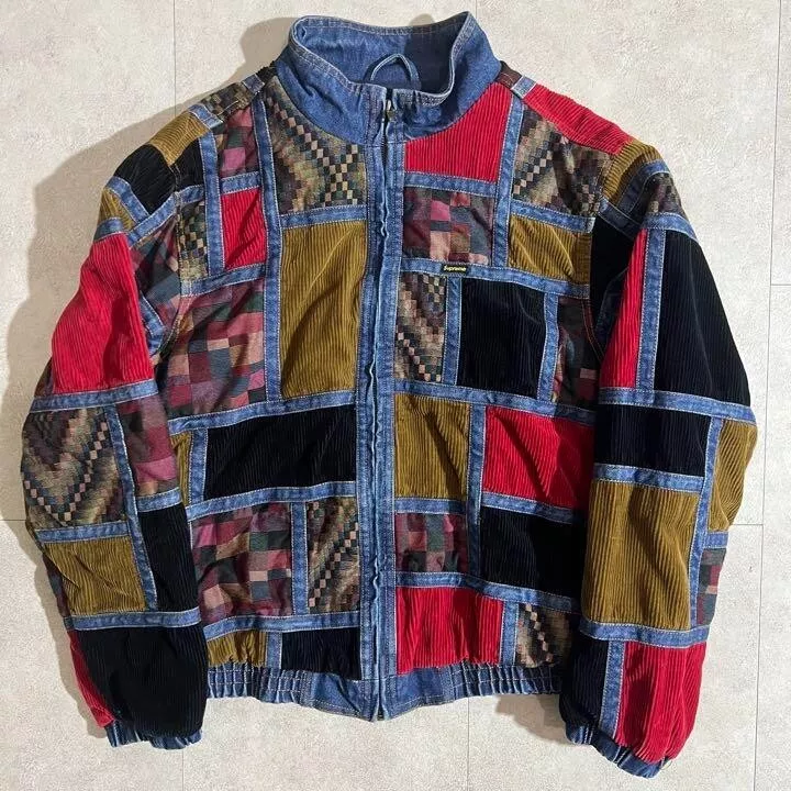 Supreme Corduroy Jacquard Patchwork Denim Jacket Blue Red Mondrian Plaid  Size M