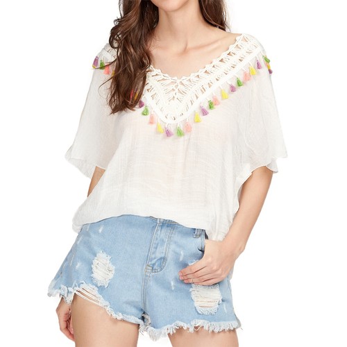 Chic & Stylish Sheer White & Colorful Tassels Beach Dress or Bikini Cover Up - Picture 4 of 6