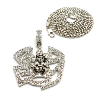 Iced Silver PT BAD BOY Pendant &amp; 24" Box, Cuban, Rope Chain Hip