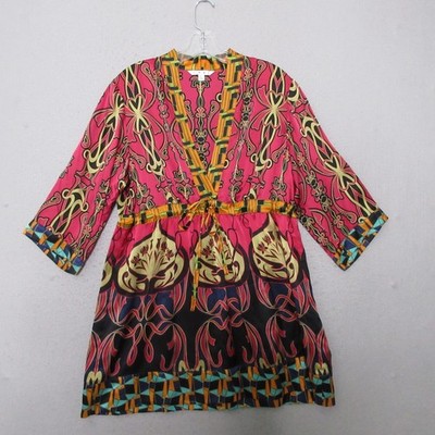 Cabi Tunic Top Large Silk Artsy Floral Boho Kimono Tie Waist Babydoll Y2K Luxury