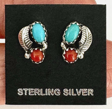 Navajo Turquoise Post Stud Earrings Red Coral Flower Leaf Feather 925 Sterling