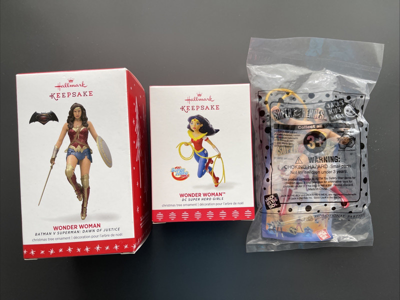 WONDER WOMAN Hallmark Keepsake Ornaments 2016 & 2017 -- & 2001 figure - set of 3