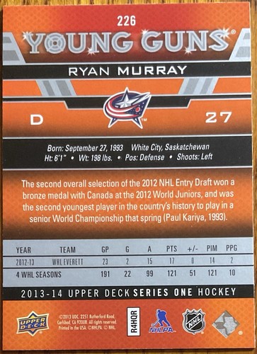 2013-14 Upper Deck Young Guns Rookie RC Ryan Murray #226 Columbus Blue Jackets - Picture 2 of 2