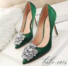 Women's Satin High Heels Pointy Toe Rhinestones Shoes Dress Pumps Wedding Party