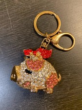 Pig With Bow Keychain Bejeweled Rhinestone Purse Jewelry Bling Clip Key Ring