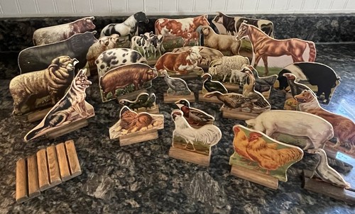 Antique Die Cut Standee Paper Litho Wood Base Educational Toy Farm Barn Animals