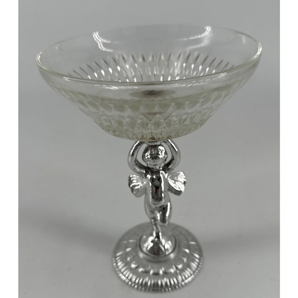 小天使玻璃肥皂或糖果盘复古银色珐琅 7 英寸高 x 5 英寸宽 — 第 3/4 张图片