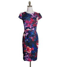 Betsey Johnson Floral Print Midi Sheath Dress Size 6 Bold Electric Watercolors
