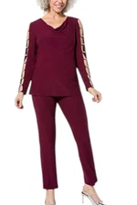 Nina Leonard Women's 2-piece Moss Crepe Top and Pant Set Deep Wine