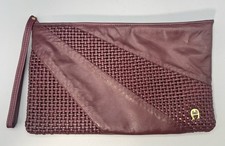 Vintage Etienn Aigner Leather Clutch Bag Brown Diagonal Woven Handbag 