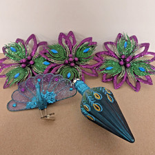 Peacock Themed Lot of Christmas Ornaments and Clips Glass Purple Blue Green
