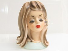 VINTAGE INARCO NAPCO LADY HEAD VASE LIGHT BLUE DRESS FLOWER w/ RHINESTONE 5.75
