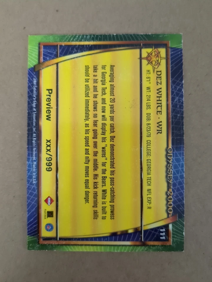 Dez White 2000 Collectors Edge Odyssey Rookie Preview Card Bears #111 xxx/999 - Image 2 of 2