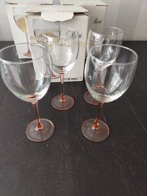 4 Luminarc Weingläser mit rosa Stiel  70 / 80 er Jahre