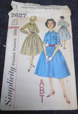 Simplicity 2627 Jr. Shirt Dress/Monogram/Transfer, Size 13, Bust 33 Complete