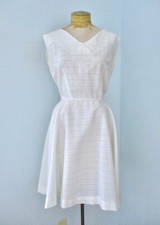 Vtg 60s 70s White Cotton Fit Flare Circle Skirt Dress Eyelet Lace Stripes L/XL