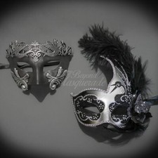 Couple's Masquerade Masks Masquerade Masks Feather Roman Black/Silver