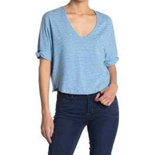 Women's Melrose And Market T-Shirt Blue/ White Striped Knot Sleeve V-Neck  XS