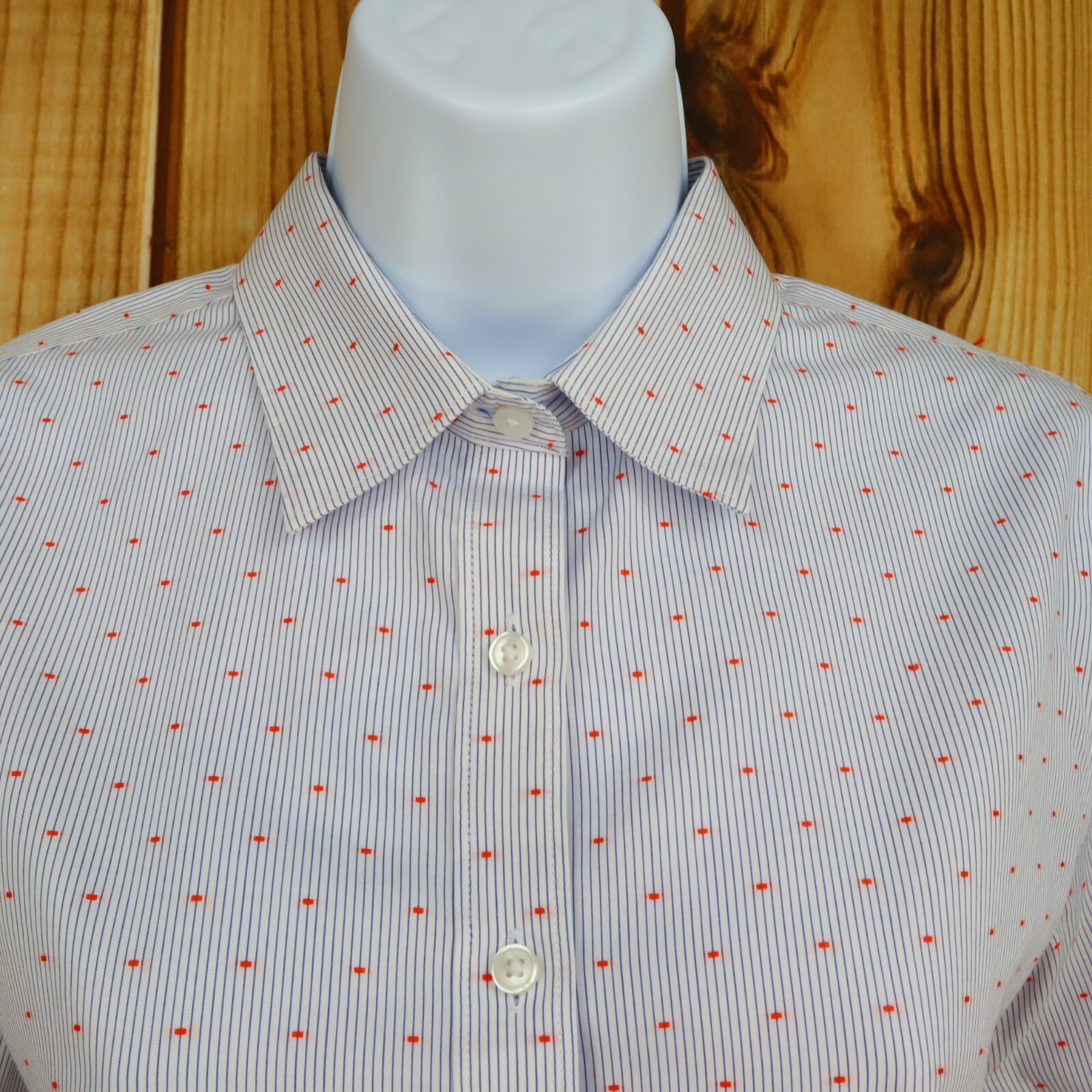 Lands' End Dress Shirt Womens Sz 8 Blue White Striped Orange Dots