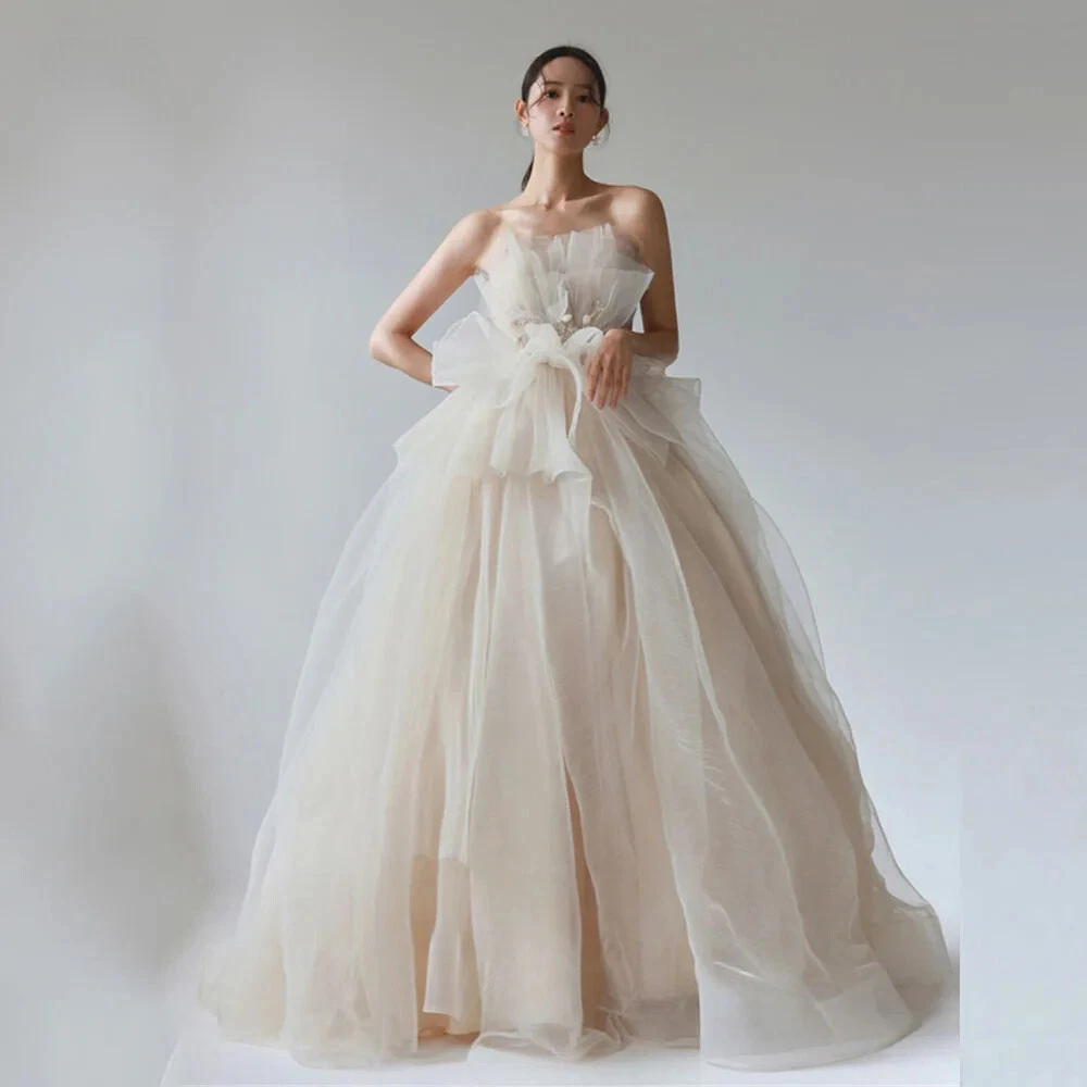slim fit dress slacks White A-Line Tulle Flower Long Prom Dress, White Formal Evening Dress US 10 / White main image 0