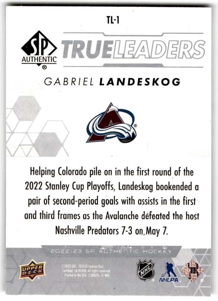 Gabriel Landeskog 2022-23 SP Authentic True Leaders #TL-1 Colorado Avalanche - Image 2 of 2