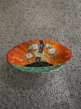 Vintage Japan Oval Serving Bowl Handpainted Bird Tree Floral Moriage Multi Color