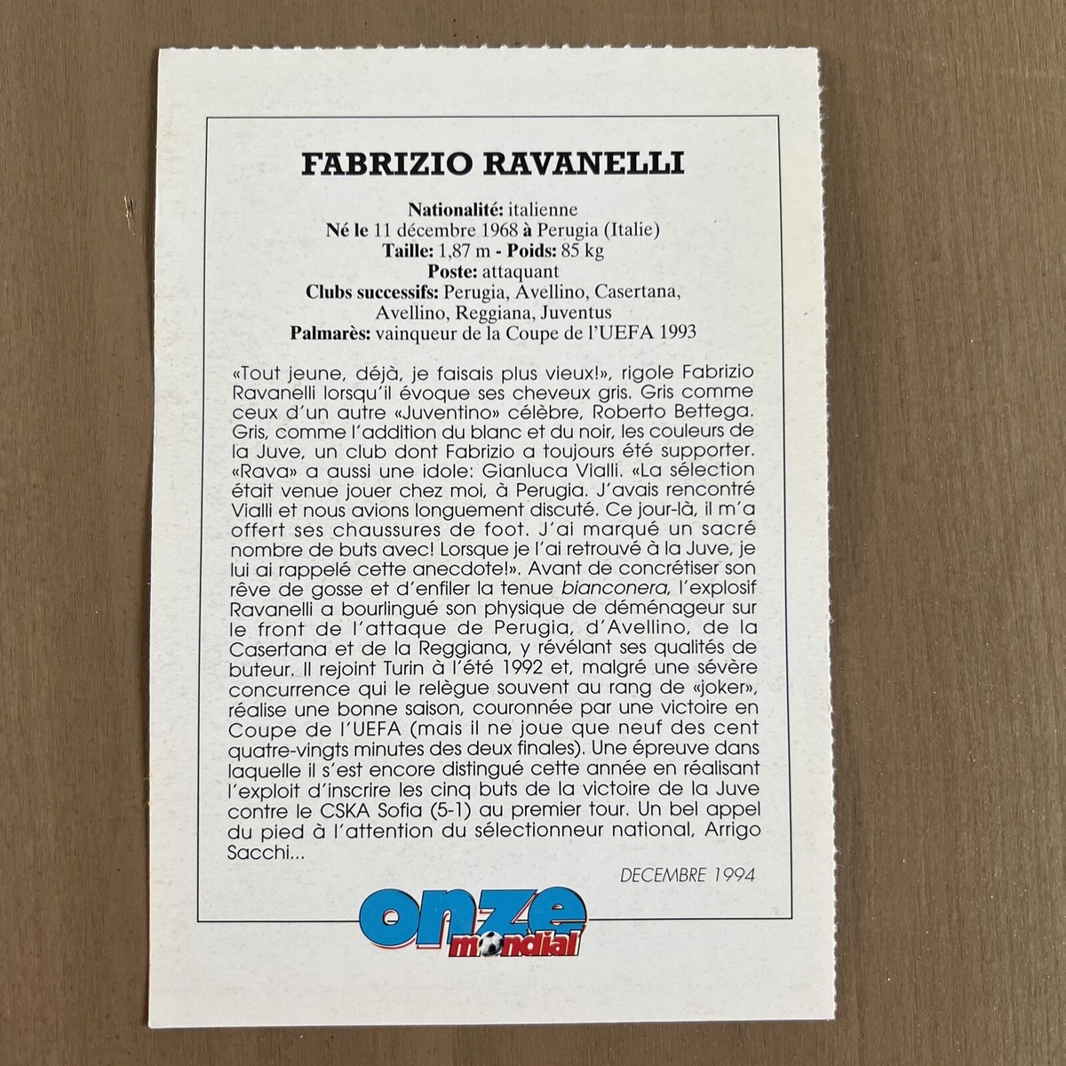 Carte RAVANELLI Olympique De Marseille - Rookie Onze Mondial 1998 - Non Signée