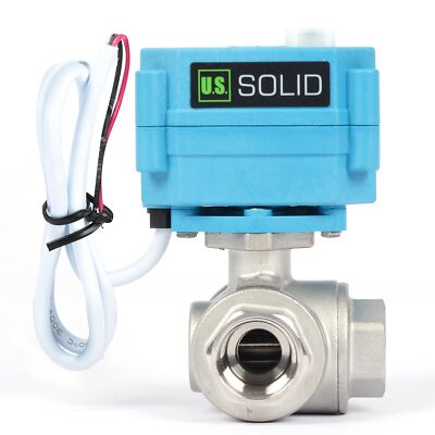 U. S. Solid 3 Way T Type Motorized Ball Valve w/ Hand Wheel 1/2in SS 110-230V