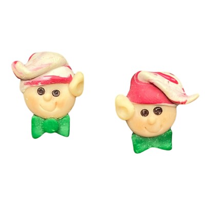 Pretty Vintage Christmas Elf Face Stud Earrings Pierced Red Hat Green Bow Tie
