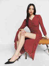 NEW Reformation Forest Dress Women's V-Neck Ruched Midi Dress in Chianti Size 4