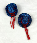 Pierced Earrings Vintage Royal Blue Sparkle Cowboy Hat with Red Bow and Ribbons