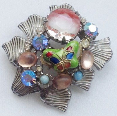 Vintage Schmuck Brosche Boreal Kristalle Cabochon Schmetterling Emaille Farbe Silber 650