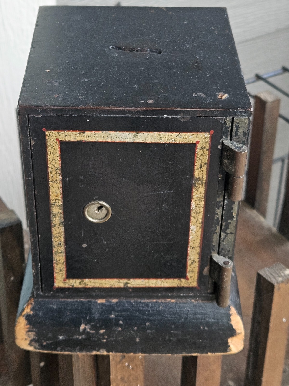 vintage salesman sample safe bank 5" X 5 " X 7" mounted on a 1" wooden ...