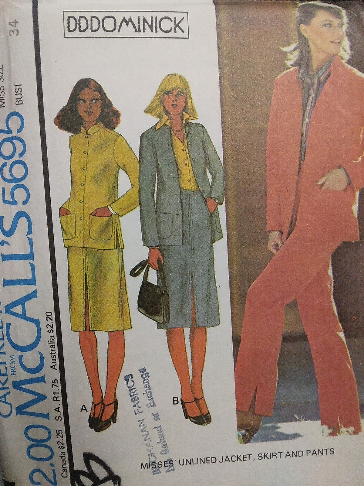 Jacket Skirt Pants 12 McCalls 5695 Sewing Pattern UC FF VTG 70s DDDOMINICK Retro