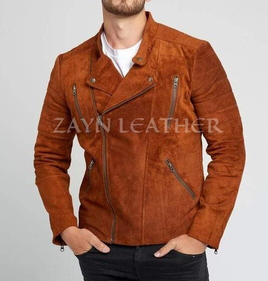 Chaqueta de cuero de gamuza marrón Cameron para hombre Cafer Racer moto cicli...