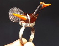 Wonderful Handblown Swan Brown Bird Islamic Glass Ring 7.5 US CP685