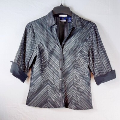 DCC Stretch Fitted Shirt Black Chevron Gray Pin Stripe Silver Thread 3/4 Sleeve