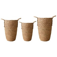 Cesta maceta tejida de paja cubierta con asas cesta de lavandería tejida